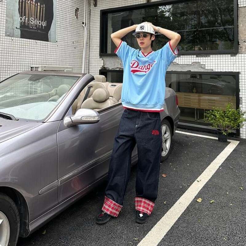 American Retro Plaid Patchwork Rolled Edge Jeans High Street Haruku Loose Wide Straight Leg Men And Women Pants