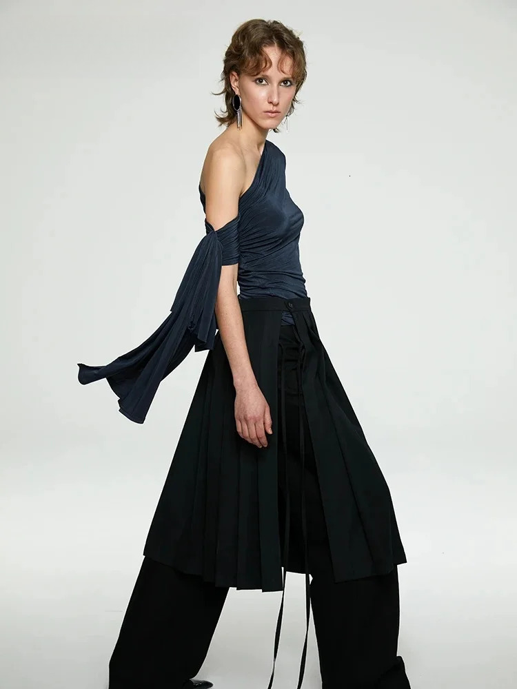 Designer Off The Shoulder Top Fall Clothes 2024 Women Long Sleeve T Shirt Dark Blue Fashion Tees Kintted Solid Tops