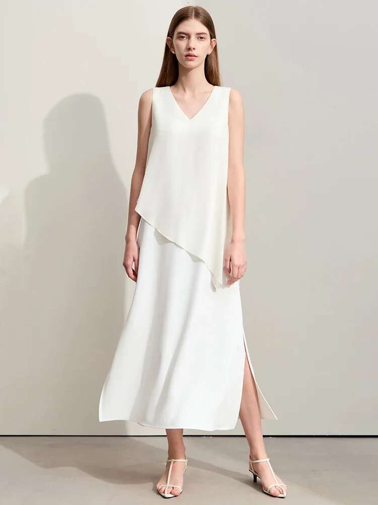 Amii Minimalism 2024 Women Dresses Summer New Vacation Style V-neck Spliced Chiffon Female Sleeveless Loose Dress 12452102