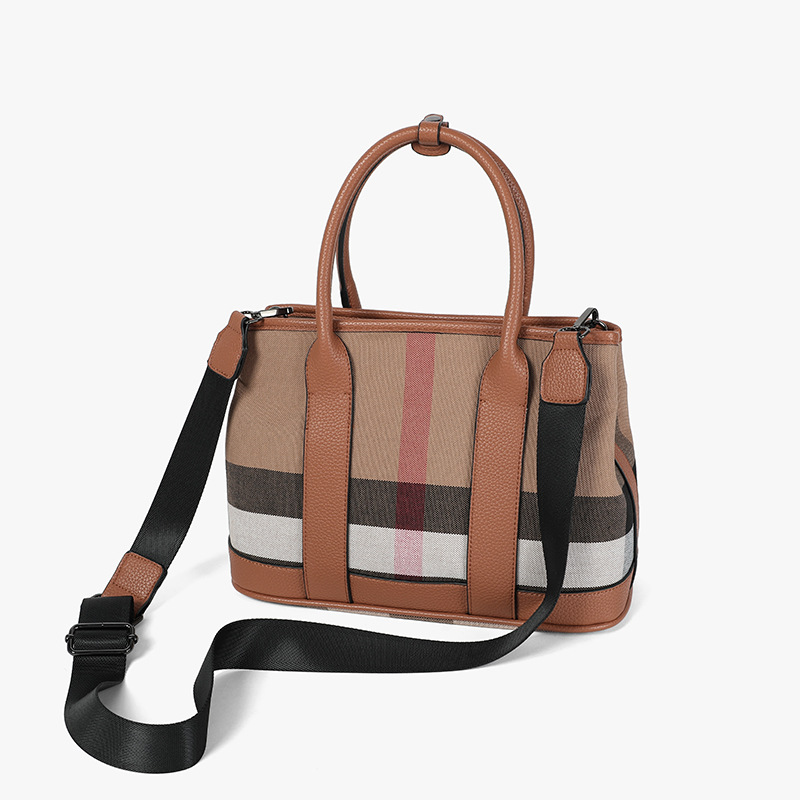 tote bag 2025 Retro canvas plaid bag for women Litchi grain handbag Large capacity. Versatile commuter bag Shoulder and crossbody bag
