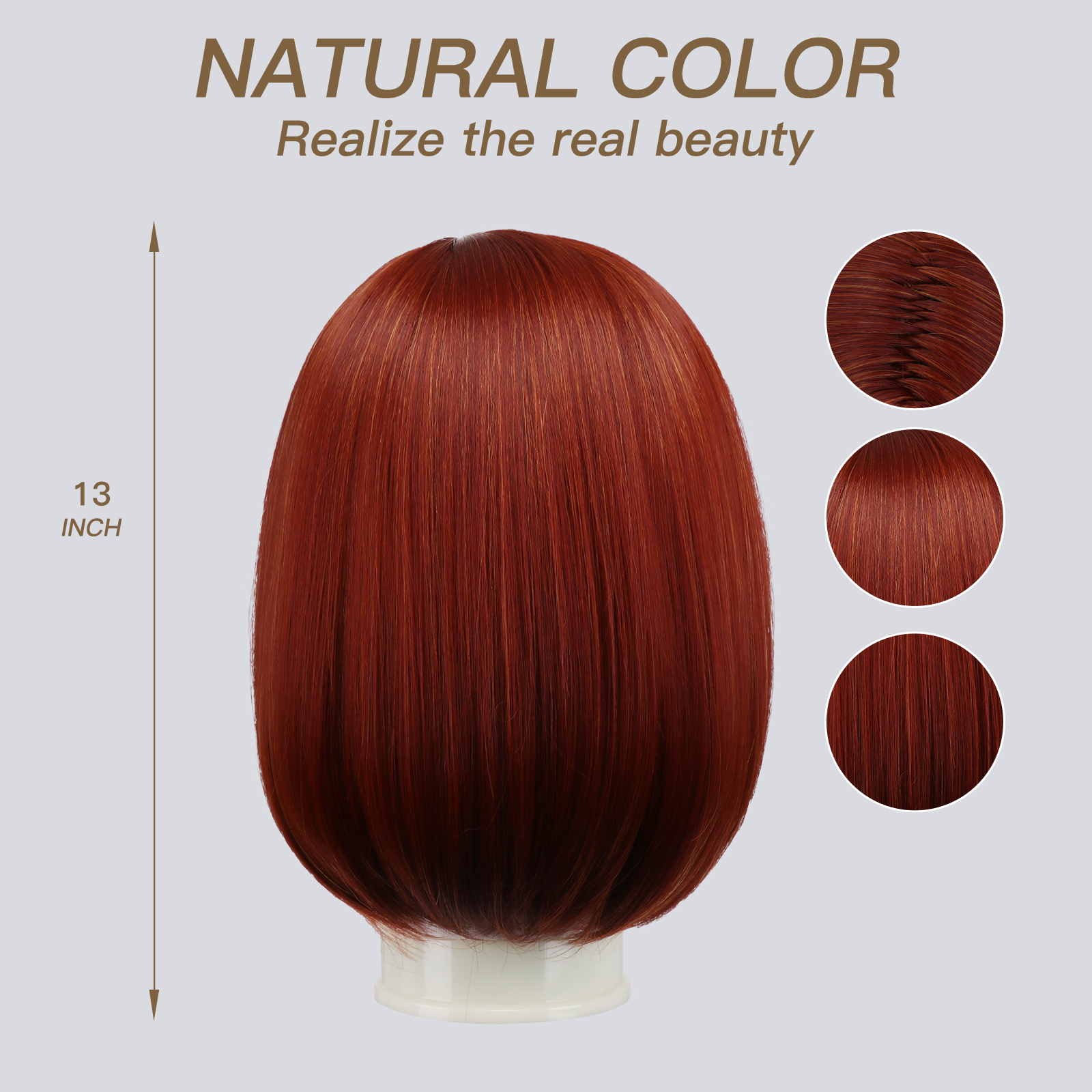 Short Bob Red Wigs for Women Neck Length Full Wig Natural Honey Red color Looking with Wig Cap(12 inch)
