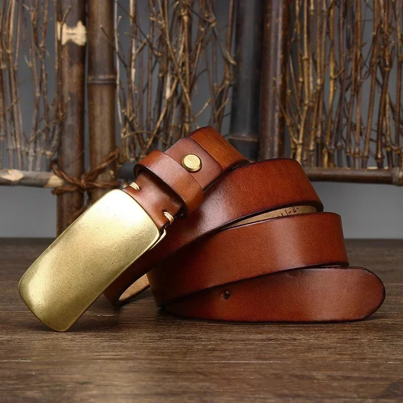 3.3cm Pure Cowskin Men Belt High Quality Genuine Leather Smooth Brass Buckle Strap Male Jeans er Belts for Man 250318