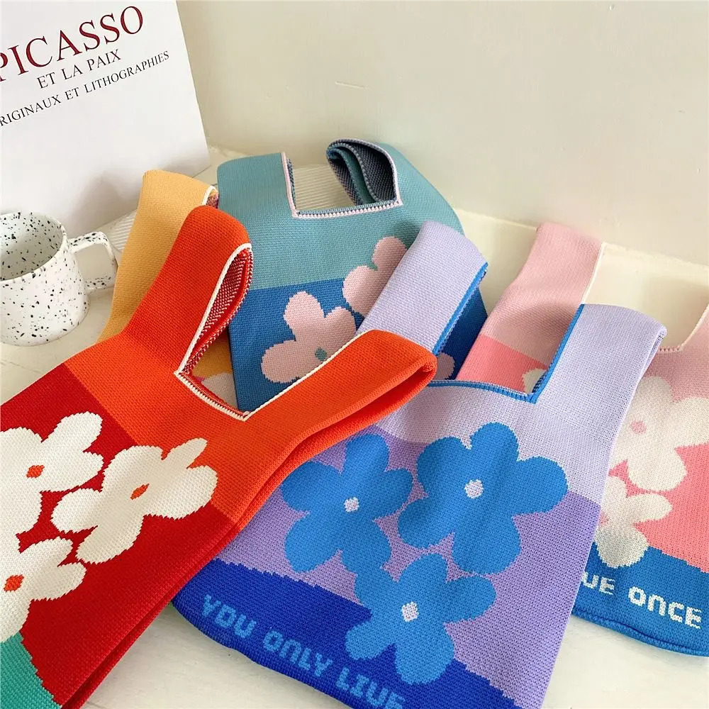 Handmade Knitted Handbag Womens Mini Knot Wrist Bag Casual Colorful Flower Handbag Student Reusable Shopping Bag 250320