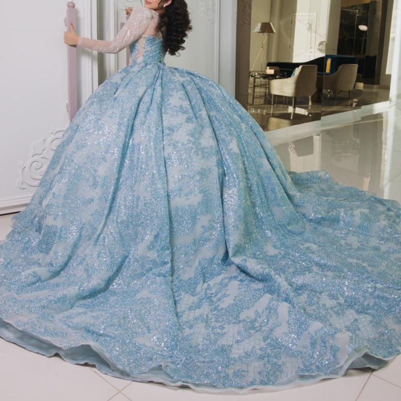 Blue Shiny Quinceanera Dresses Off The Shoulder Sequin Applique Lace Beads Tulle Long Sleeves Vestidos De 15 Anos Sweet 16 Dress
