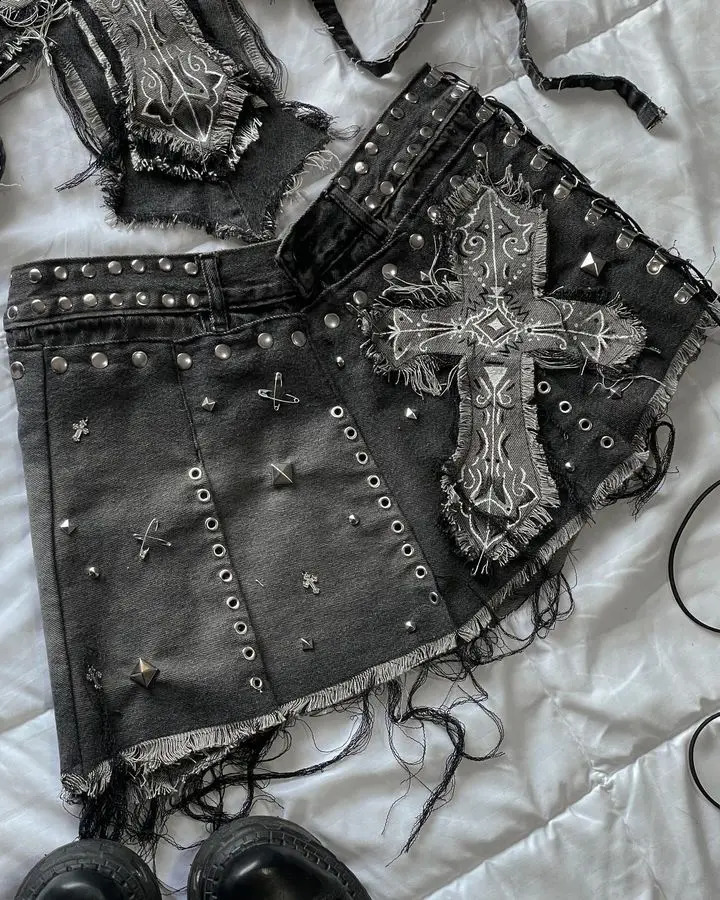 Y2K Streetwear Skirt Sets Womens Gothic Retro Dark Cross Graphic Patch Denim Mini Skirt Halter Tops Harajuku Slim Fit Skirt Sets 250317