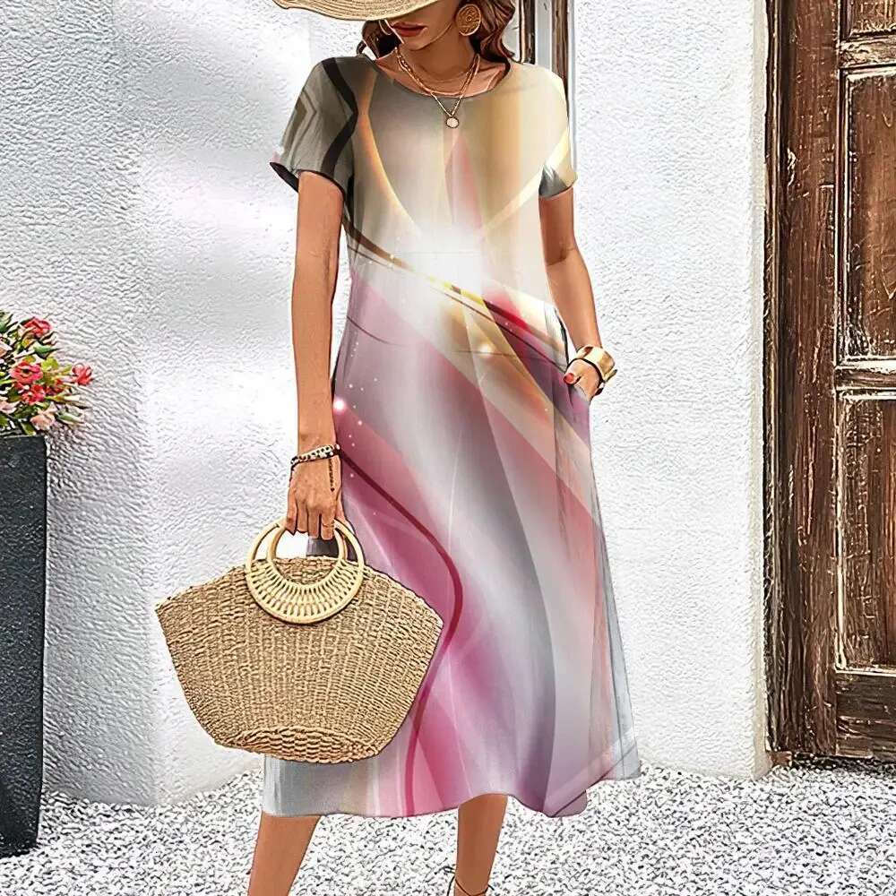 Elegant Women Dress Summer Short Sleeves Dresses Streaks Printed Woman Clothing Loose A-E Skirt Casual Round Collar Pullover
