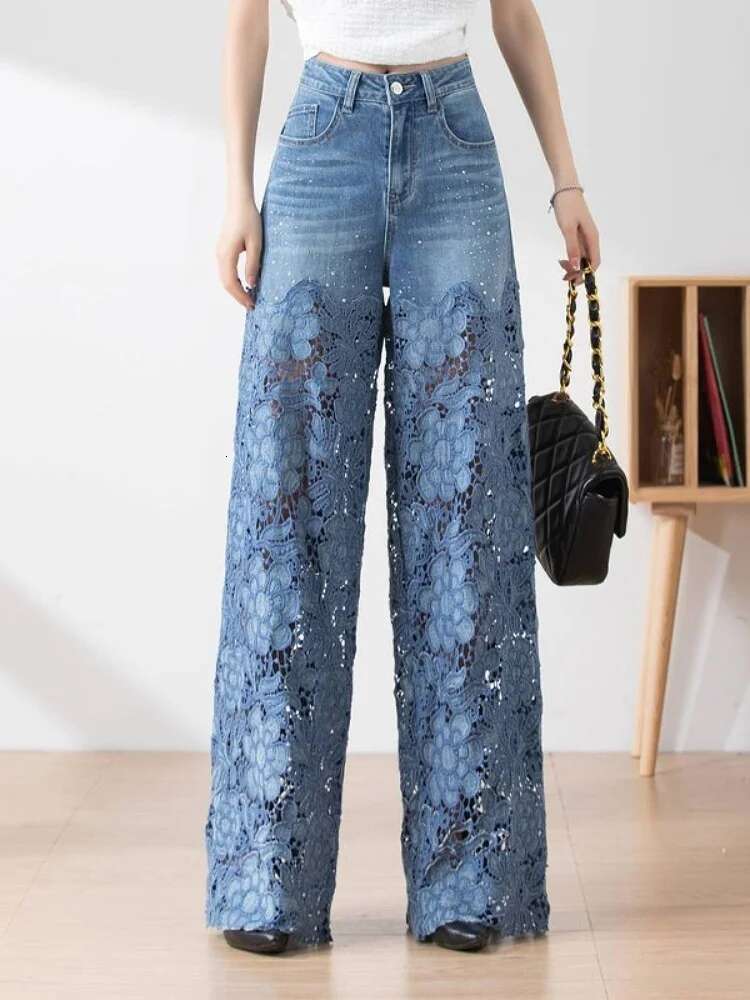 Fashion Women's Jeans 2024 New Spring Summer High-Waist Openwork Lace Ing Denim Wide-Leg Pants Female Straight Trousers