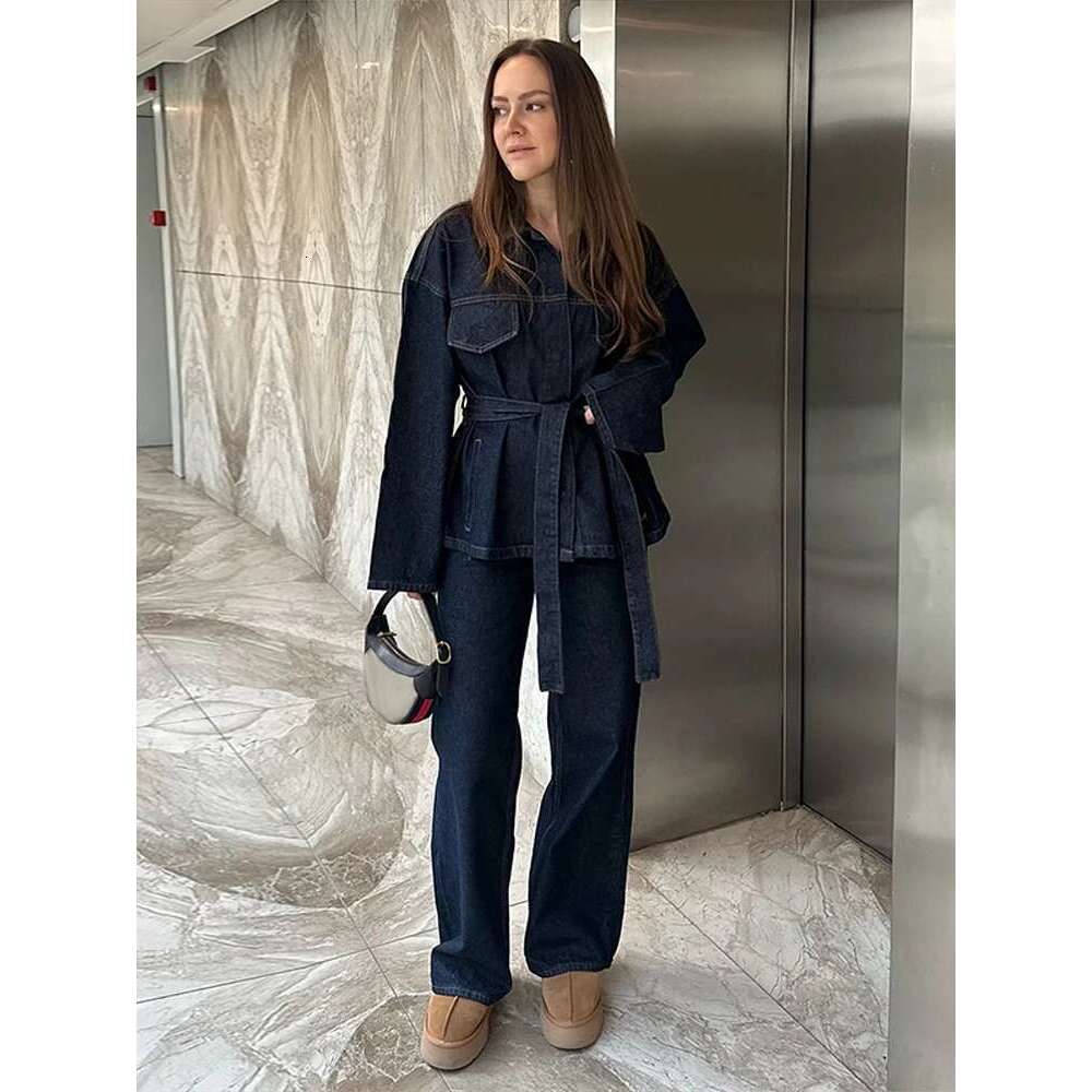 2025 Spring Women's Two Pieces Set With Trousers Loose Lace Up Pockets Coat High Waist Pants Chic Denim Ladies Suit Commuting