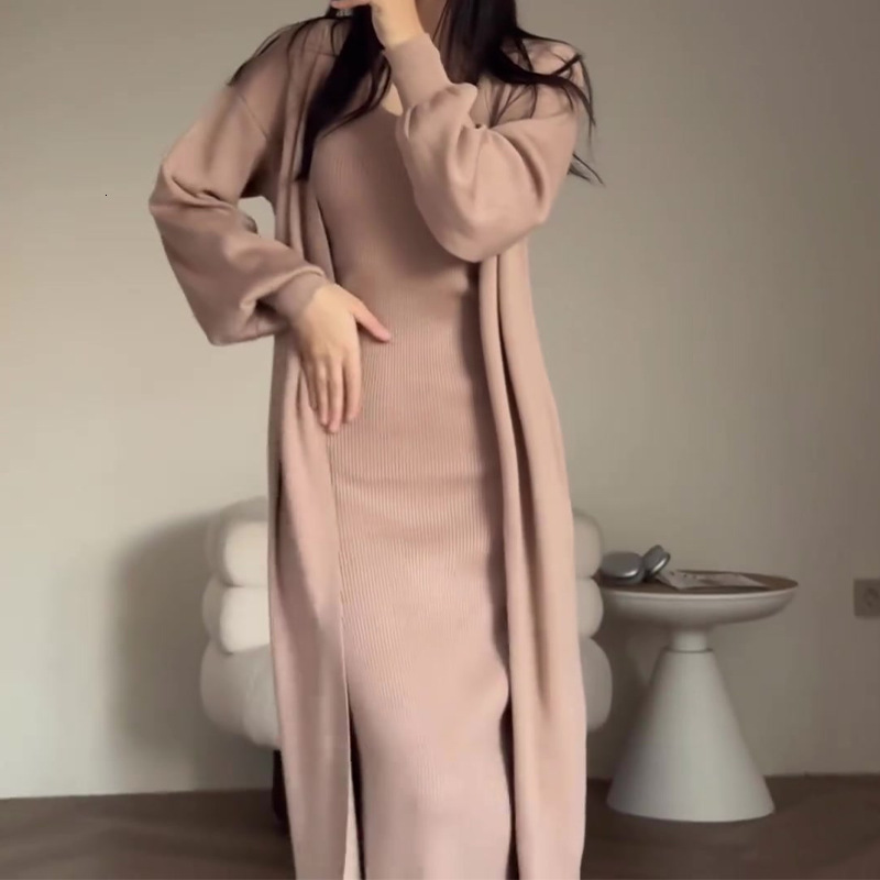 2023 Autumn New Solid Color Lazy Style Slimming Knitted Shirt Over Knee Long Dress Set for Women