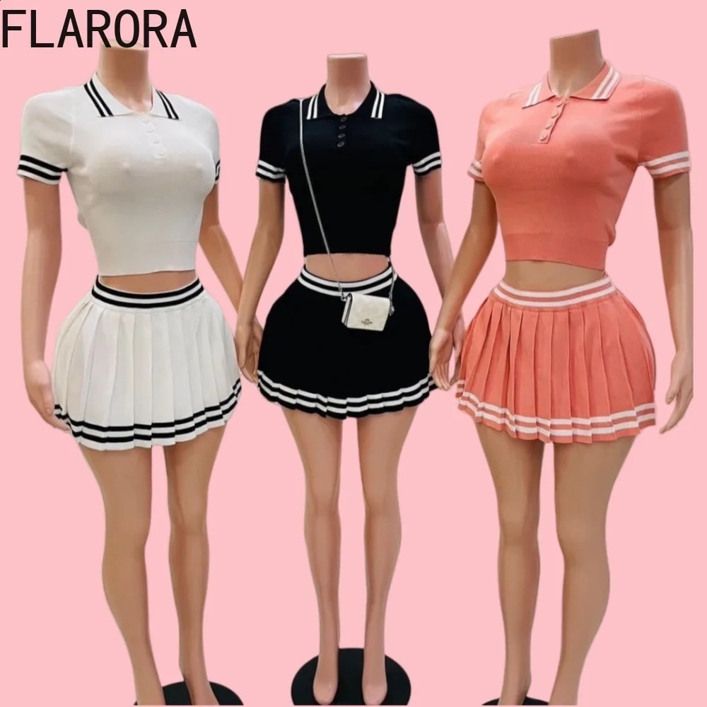 FLARORA Fashion College Style Stripe Splicing Pleated Mini Skirts Two Piece Sets Y2k Woman Polo-collar Tops And Skirts Outfits 250320