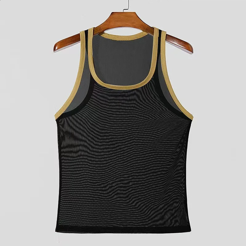 Summer Mens Vest Fitness Tight Mesh Perspective Sexy Lightweight Tank Top Splicing Color Transparent Vest For Male Tees 250324
