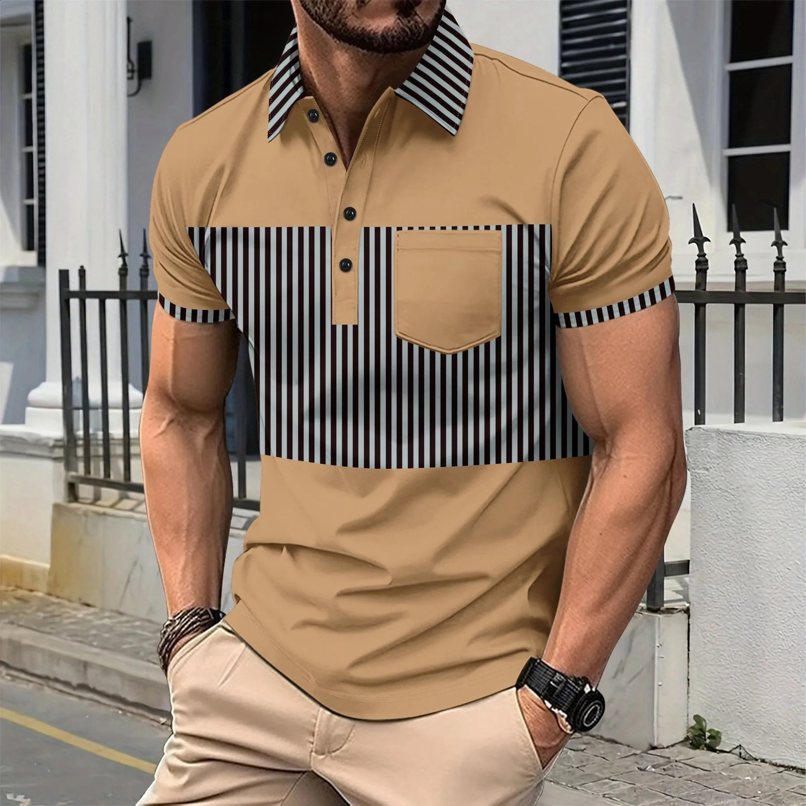 2025 Cross border Summer Mens Casual Polo Shirt Pocket Button Long Front Collar Stripe Colorful Splicing Tshirt 250311