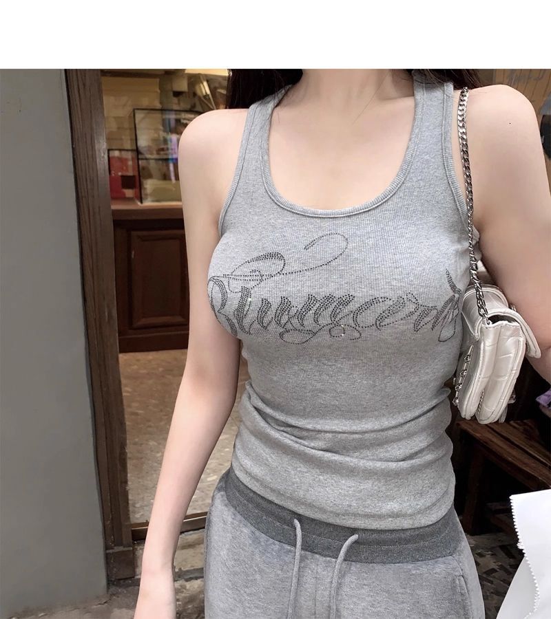 20205 New Designer Vest Letter Hot Diamond Shoulder Strap Vest Women's Slim Fit Sleeveless T-shirt Bottom Top
