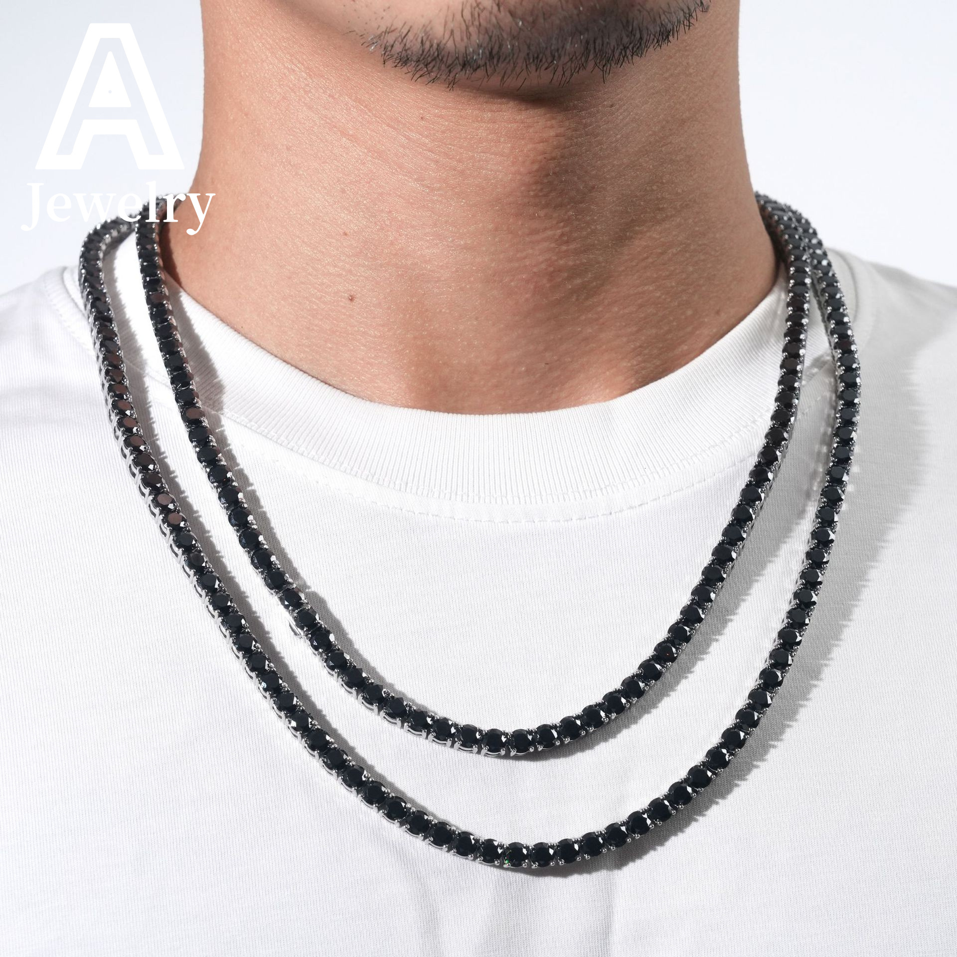 4MM Pass Diamond Tester Black Moissanite Tennis Chains White Gold Plated Hip Hop 316L Stainless Steel Tennis Necklace Bracelet