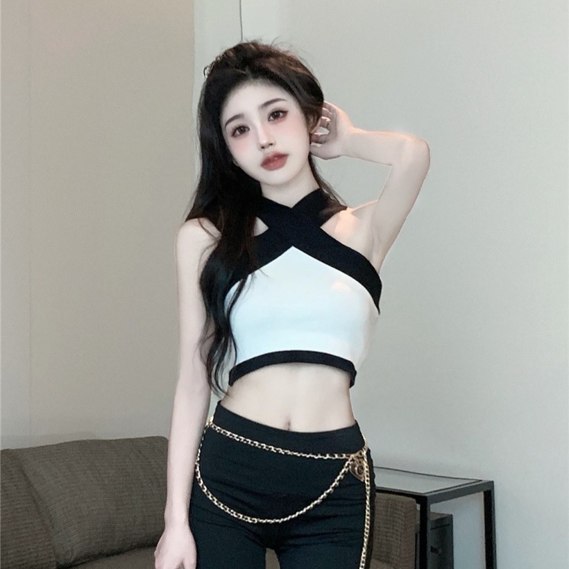 Pure Desire Uniqueness, Sweet And Spicy Girl Sexy Short Necked Tank Wearing Contrasting Color Exposed Navel Sleeveless Top For Women Instagram Trend
