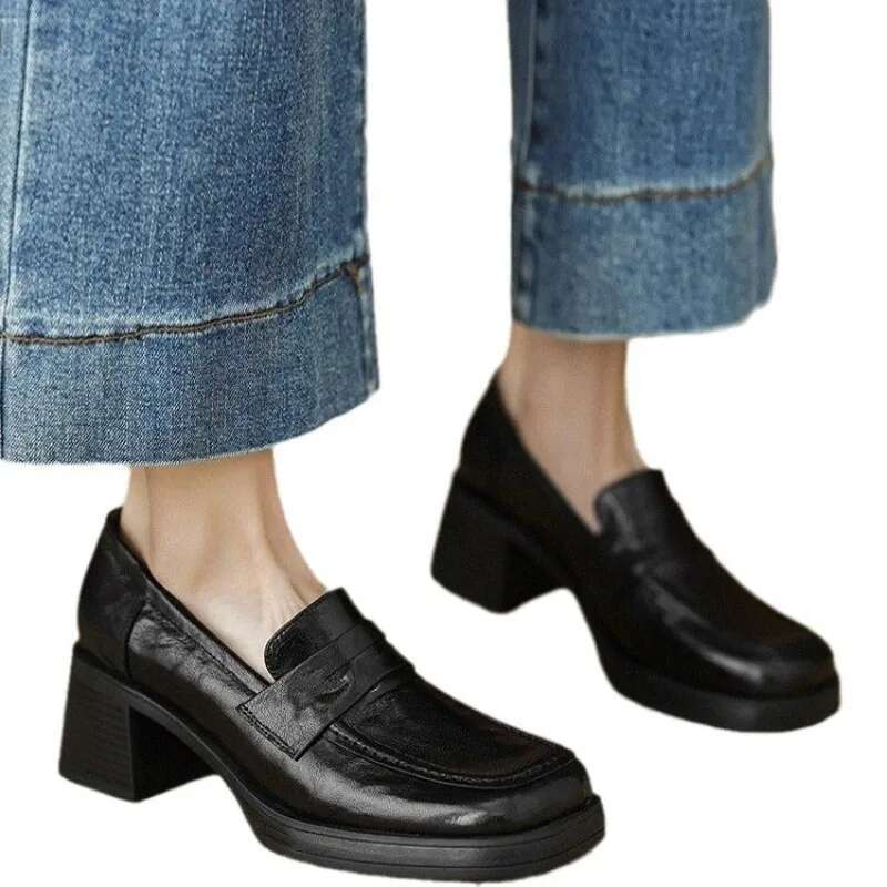 Thick Square with 6 Cm Single Shoe Women's French Sheepskin Loafers Vintage High-heeled Small Leather Shoes