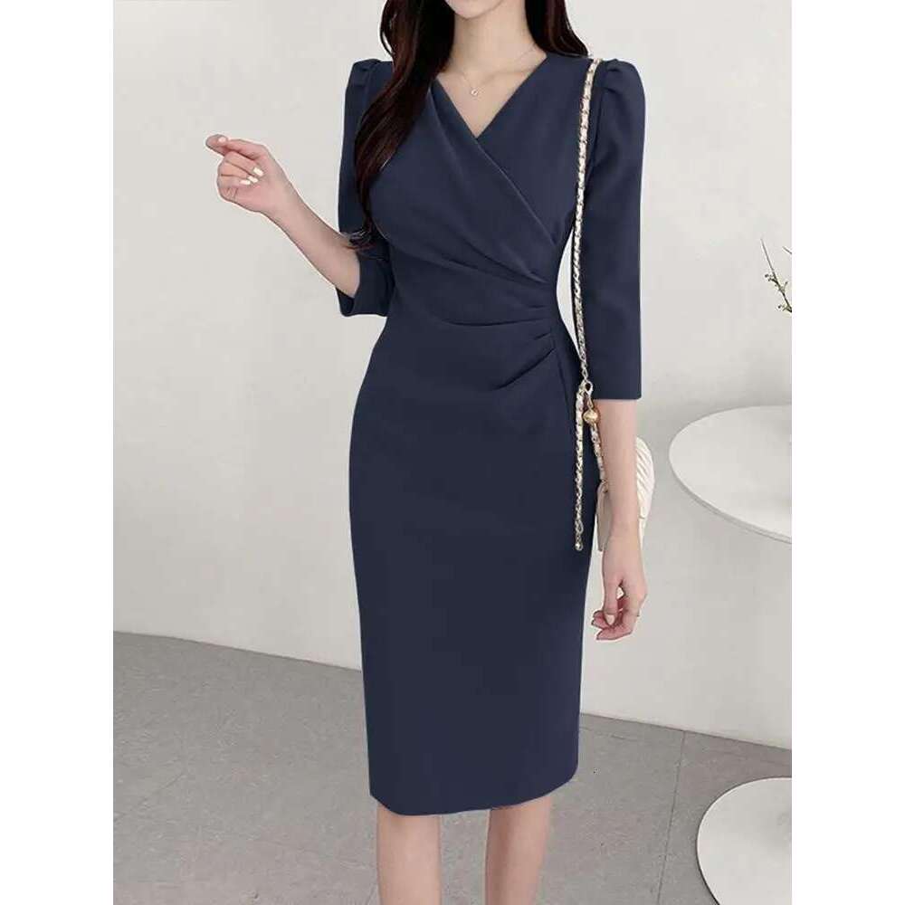 Summer Fashion Womens Dress Sexy Solid Color Knee Length Bodycon Sundress Elegant 3/4 Sleeve V-Neck Work OL Vestidos 2025