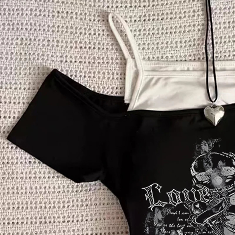 American gothic Vintage Two Piece Halter Lace Up T-shirts Y2k skeleton Print Tops Women Off Shoulder Short Sleeve Tee 250324