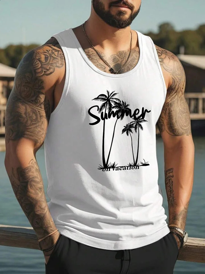 3D Coconut Tree Print Mens Tank Top Summer Outdoor Run Fitness Sports Tees Casual O-neck Loose Sleeveless Shirt Gym T-shirt Man 250324