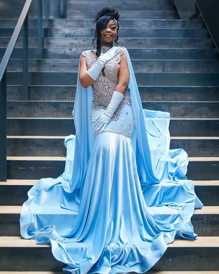 Customized Mermaid Prom Dress Black Girls Sier Dia Crystal Beaded Cape African Birthday Party Gowns