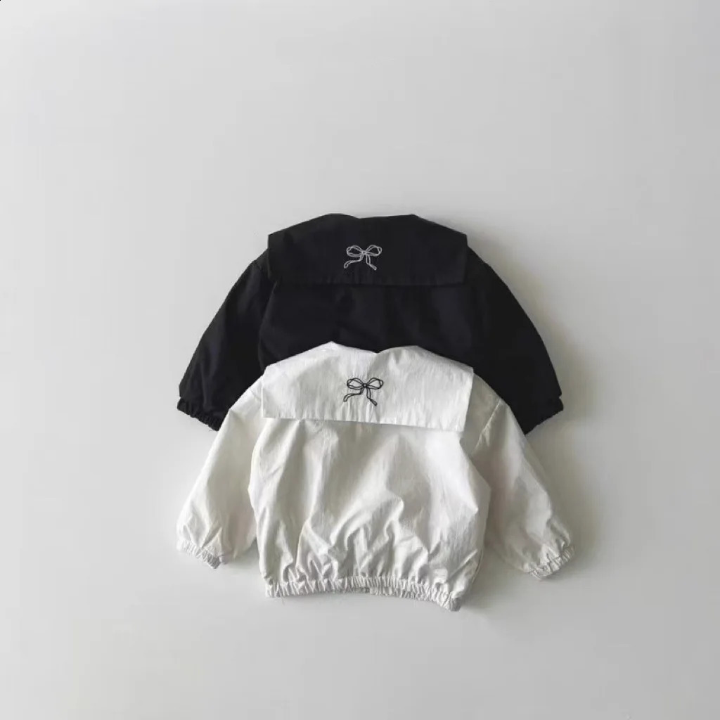 Spring Baby Girl Cute Bow Coat Baby Navy Blue Collar Jacket Childrens Zipper Jacket Fashion Baby Coat Childrens Clothing 250324