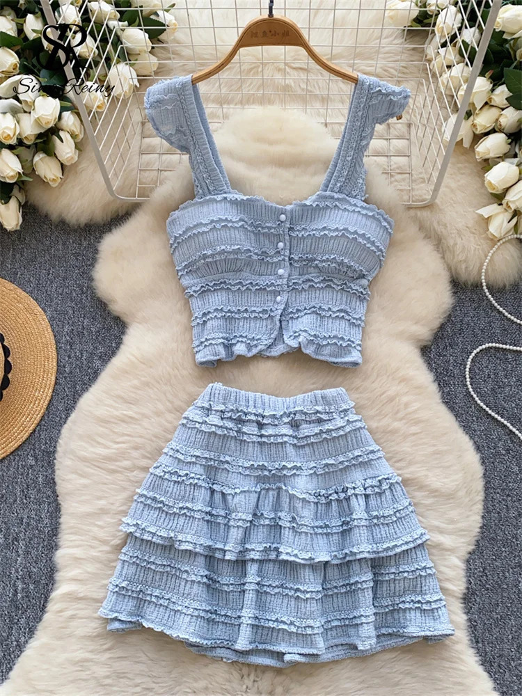 SINGREINY Beachwear sweet Women Suits Strapless Edible Tree Fungus Chic TopsElastic Waist MIni Skirt Vacation Casual Sets 250324