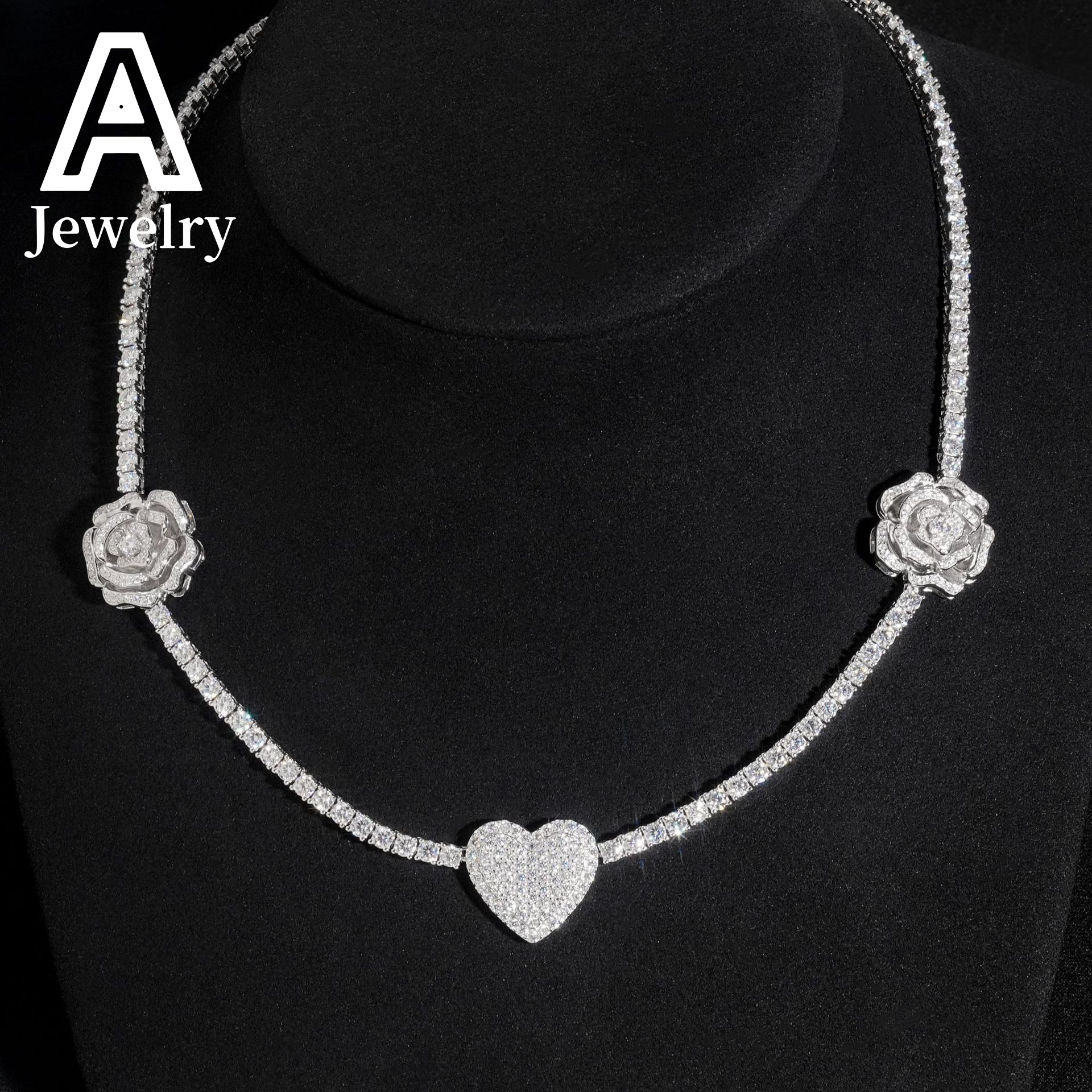3mm Custom Moissanite Tennis Chains Rose Flower and Heart Shape Charm Necklace 925 Silver Moissanite Diamond Tennis Necklace