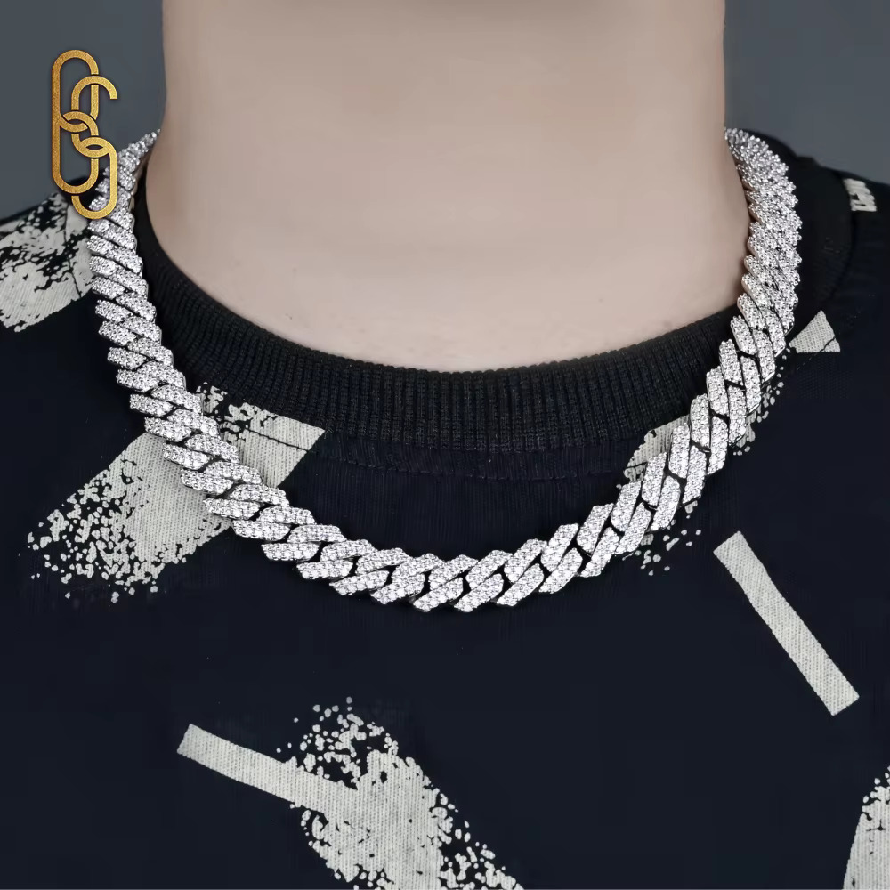 Factory wholesale new arrivals 18mm VVS Moissanite Cuban Necklace Hot Sale Bling Moissanite 925 Sterling Silver Cuban Link Chain Hip Hop Jewelry