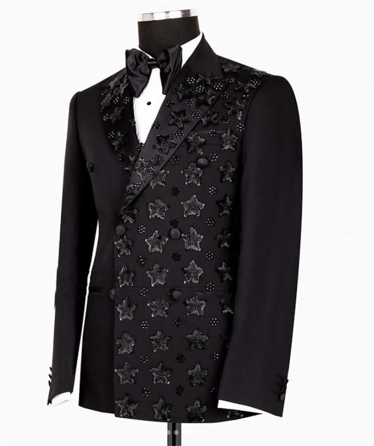 Men Suits Beading Unique Tailor-Made Peaked Lapel Suit Tuxedos for Wedding 2 Pieces Set Double Breasted Groom Blazer Coat+Pants Prom Party Formal Occa