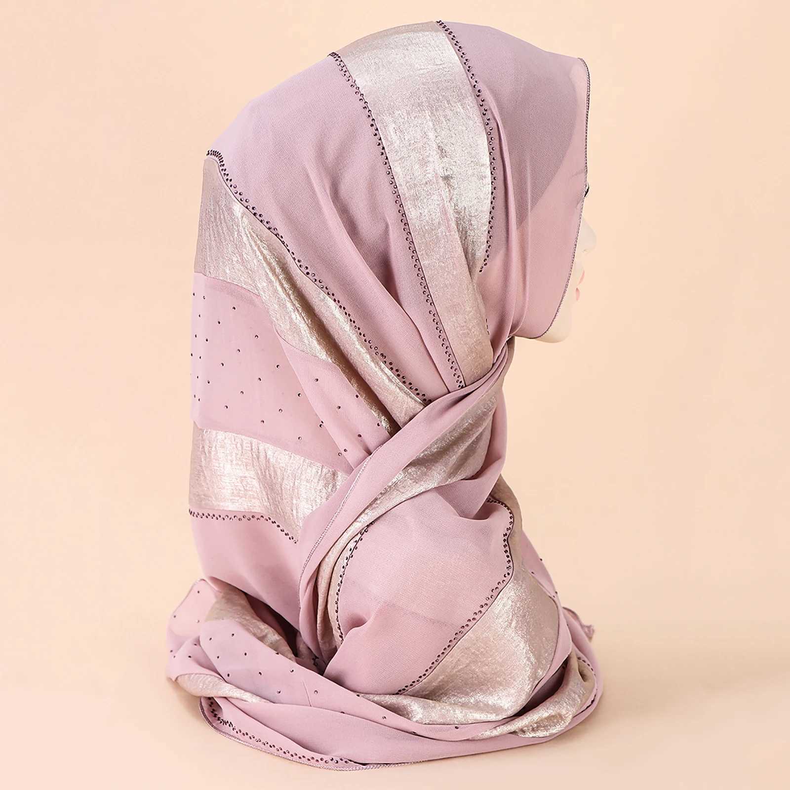 Middle East New Gold Craft Fabric Spl Chiffon Handmade Diamond Decorative Edition Muslim Wen Band Scarf Headscarf X250324