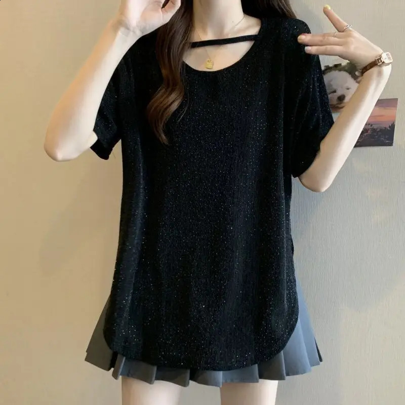 Large fashion slit womens short sleeved Tshirt 2025 summer loose and slim fit top 250324