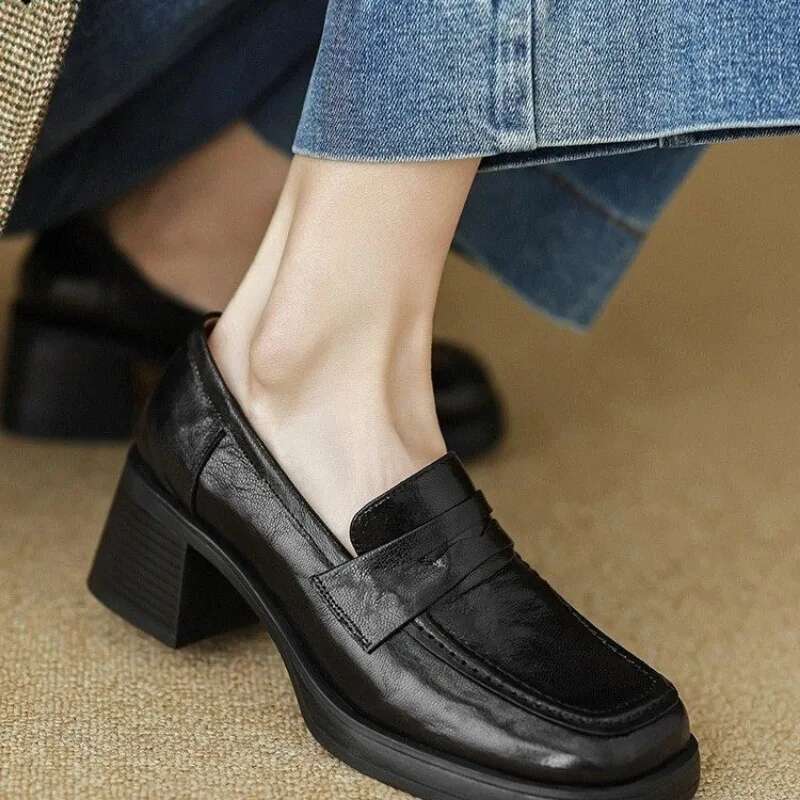 Thick Square with 6 Cm Single Shoe Women's French Sheepskin Loafers Vintage High-heeled Small Leather Shoes