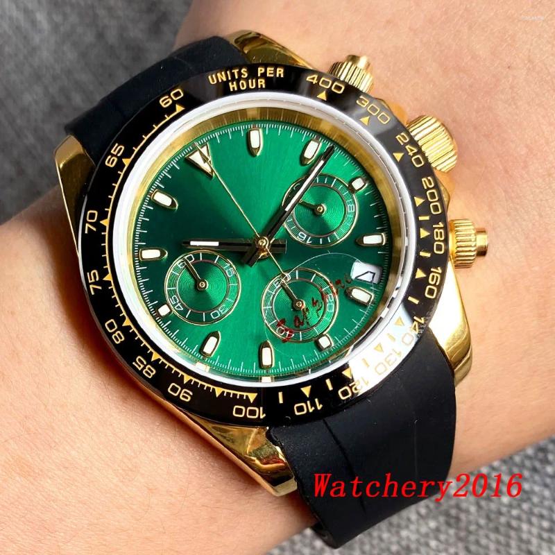 Wristwatches Vk63 Movement 39mm White Green Sterile Dial Yellow Gold Case Multi-Function Full Chronograph Quartz Watch For Men Steel Rubber