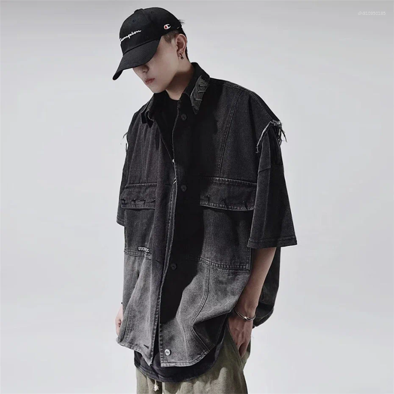 Men's Vests Vintage Denim Men Gradient Rivet Design Waistcoats Sleeveless Jackets Streetwear Punk American Hip Hop Unisex Coats