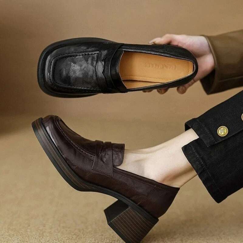 Thick Square with 6 Cm Single Shoe Women's French Sheepskin Loafers Vintage High-heeled Small Leather Shoes