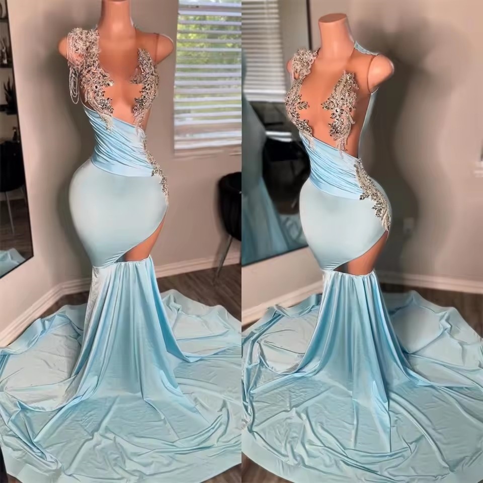 Sier Rhies Dress For Black Girls Tassels Beaded Crystal African Mermaid Prom Customized