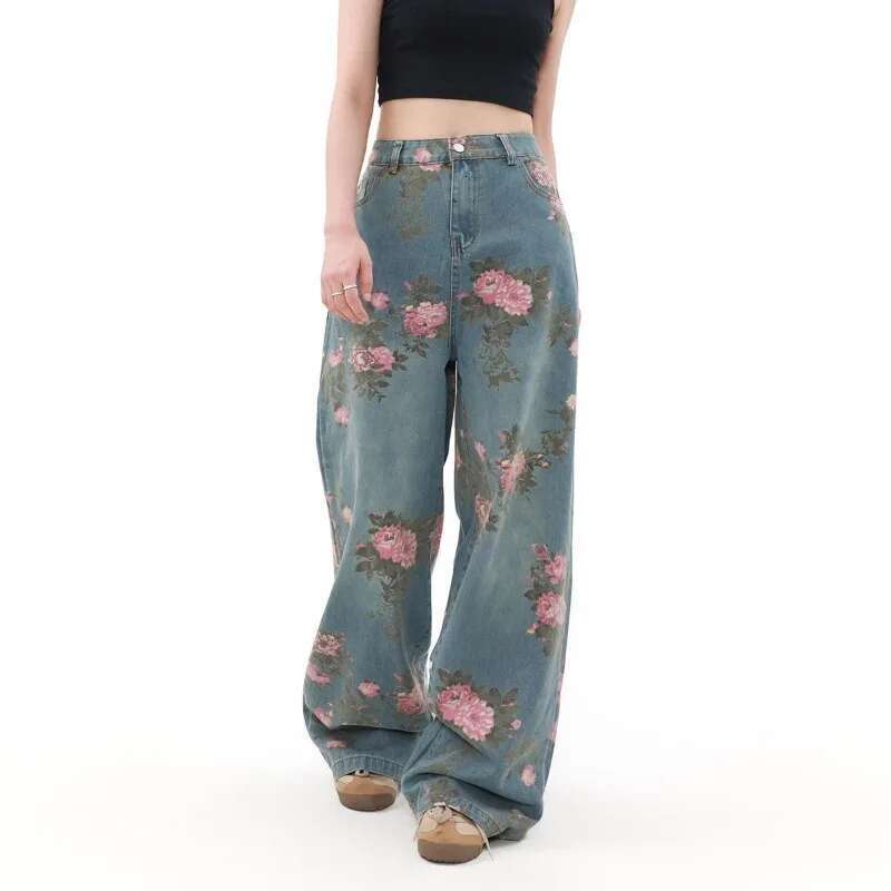 American Retro Ral Print Fashionable Wide-Leg Baggy Jeans Trendy High Street Loose Trousers