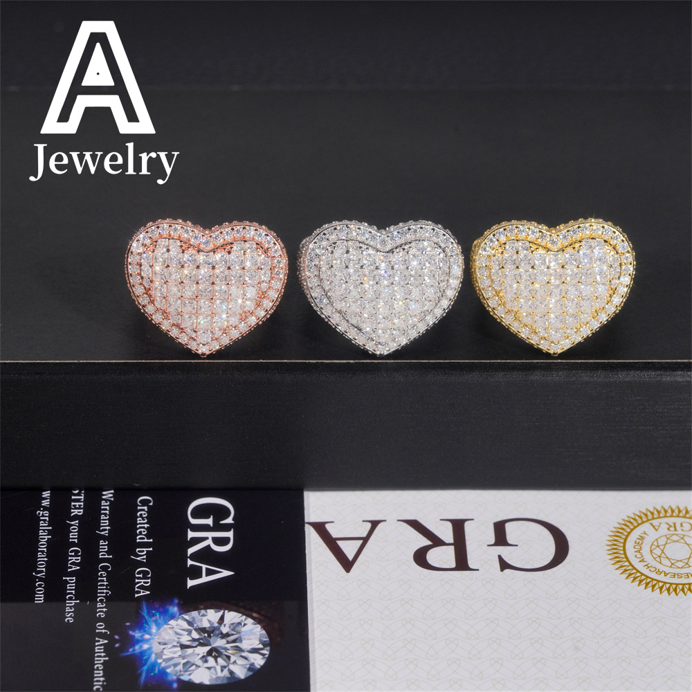 Hip Hop VVS Moissanite Trendy Heart Shape Rings 925 Silver Diamond Engagement Rings For Men Women
