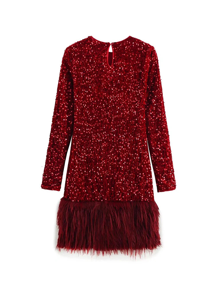 TFMLN Fashion Womens Sparkling Feather Dress Spring Chic Ultra Thin Oneck Long Sleeve Shiny Evening Party Mini 250320