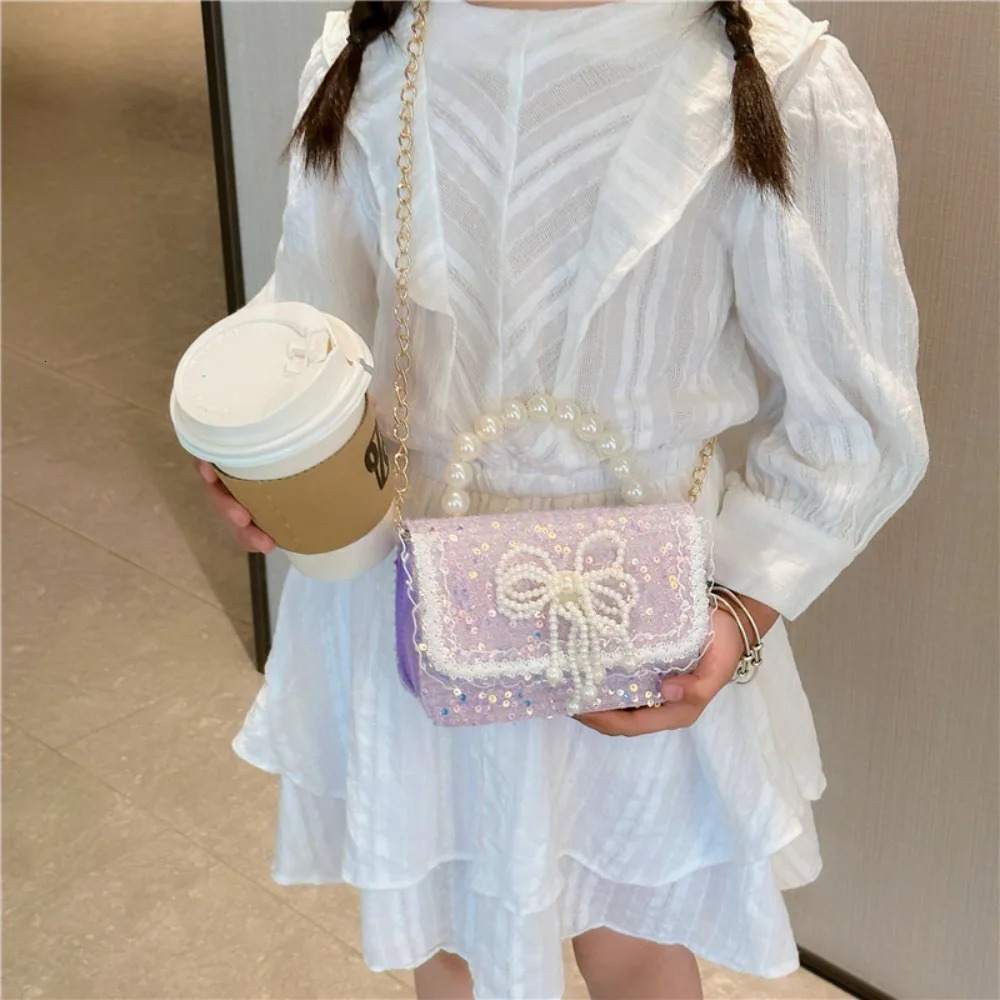 Korean style pearl childrens handbag lace bow princess shoulder messenger bag glitter coin purse pocket 250322