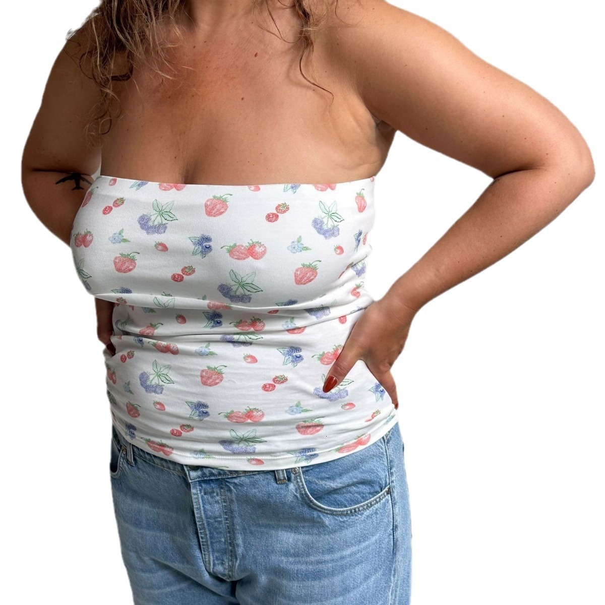 2025 New Women's Designer Instagram Fashion Sexy Strapless Short Sleeved Top Outdoor Beach Printed Polka Dot Vest