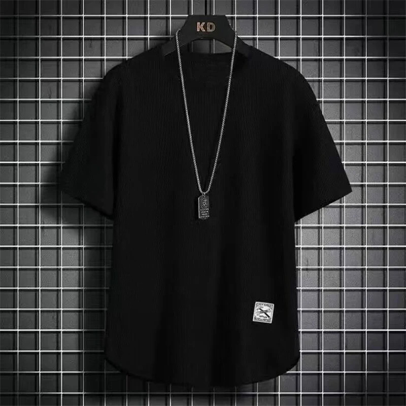 Mens Summer Trendy Simple Casual Short Sleeve T-shirts Y2K Harajuku Streetwear Appliques Tees Black White Round Neck Loose Tops 250324