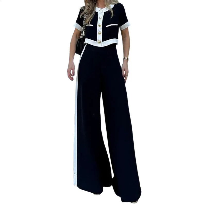 Elegant Woman Black Button Fashionable Commuting Short Sleeved Round Neck Short Top Casual Straight Leg Pants Set Two-piece Set 250324