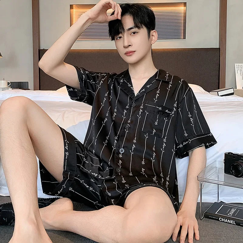 High Quality Mens Pajamas Suit Summer Short Sleeve Ice Silk Sleepwear Set Day Shorts Thin Youth Home Clothes Plus Size Male 250321