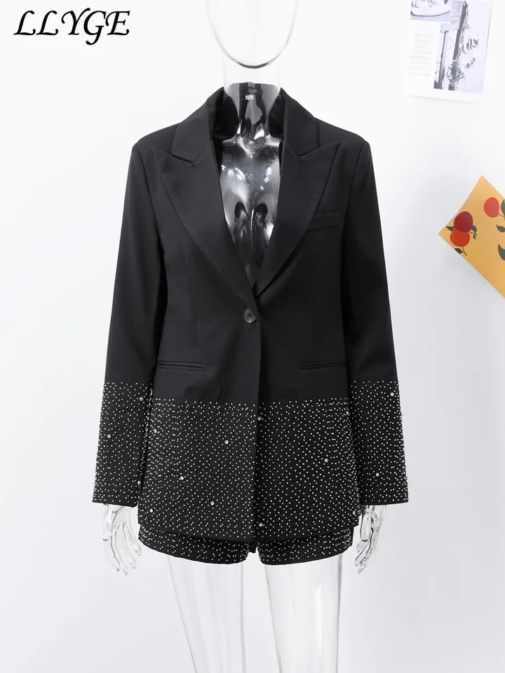 Fashion rhinestone jacket shorts set for women loose collar full sleeve jacket wide leg shorts autumn womens elegant set 250322