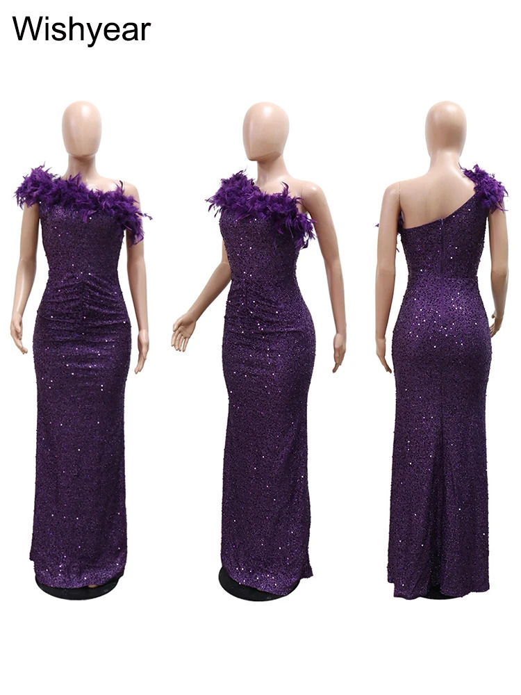 y sequined feather single shoulder sleeveless sloping collar backless purple long dress for womens birthday party event 250320