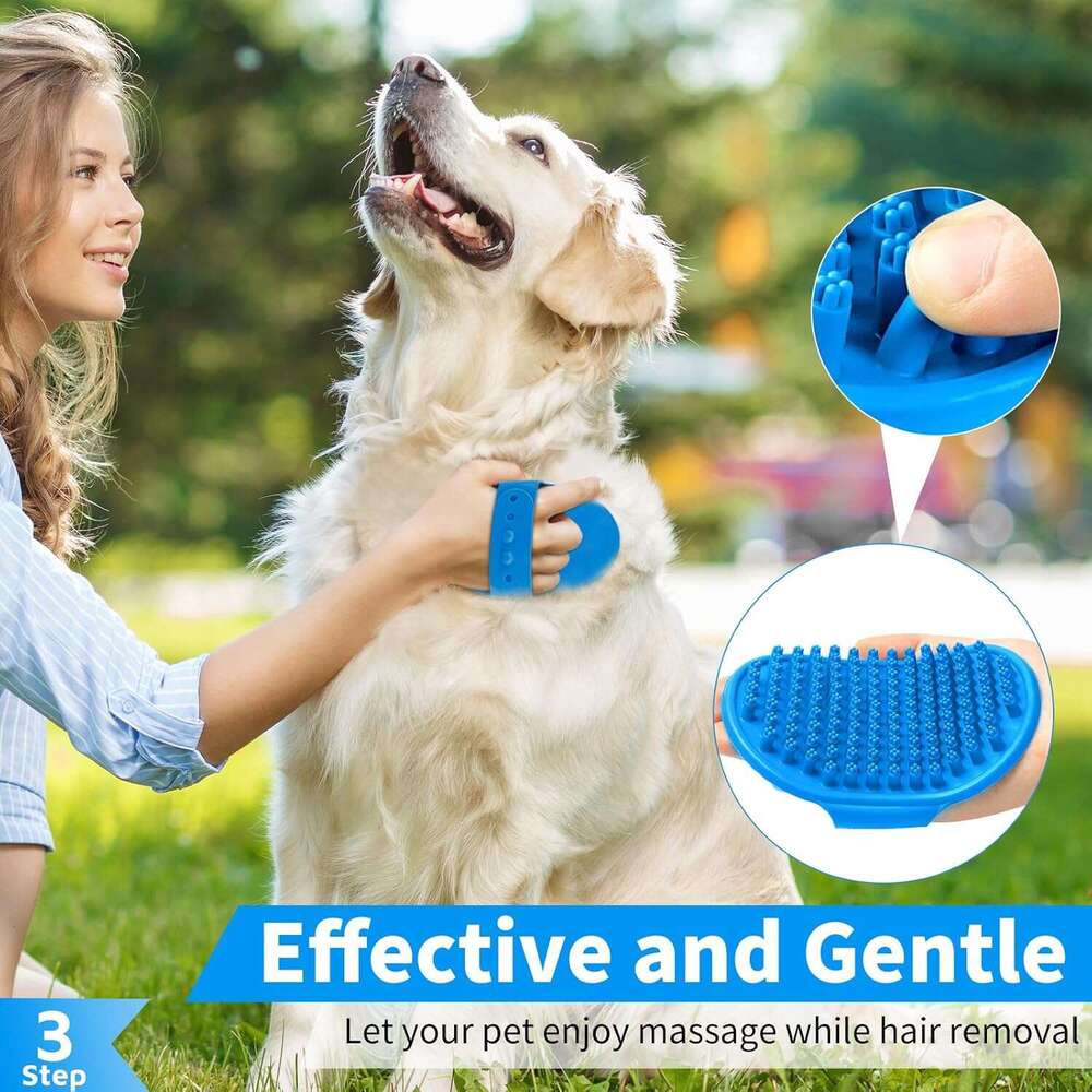 DHpet 3PCS Shampoo Bath Scrubber | Dog Shower/Washing Brush with Adjustable Ring Handle for Short & Long Hair (Blue Blue Blue)