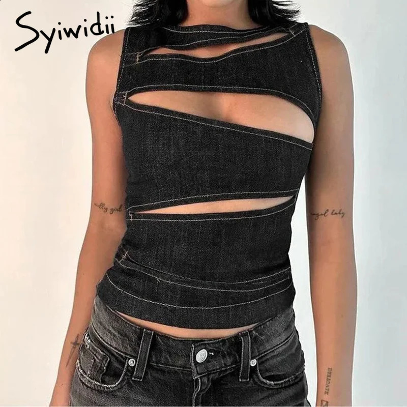 Syiwidii irregular hollow denim vest womens sleeveless O-neck ultra-thin vest summer sexy streetwear womens top 250320