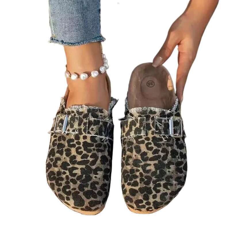 Spring New Classic Women's Closed Toe Sandals Ladies Leopard Cork Slippers Camo Mule Clogs Shoes Flats