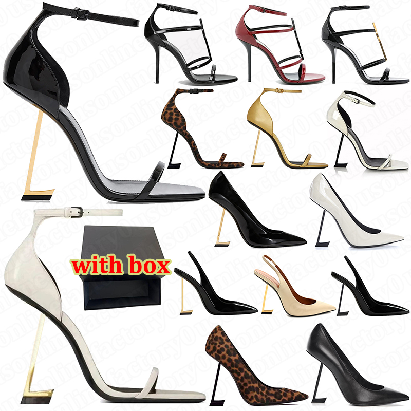 with box designer heels high women luxury stylish Dress Shoes patent leather gloss womens sandals open Pointed toe Party Wedding Office black gold Pumps
